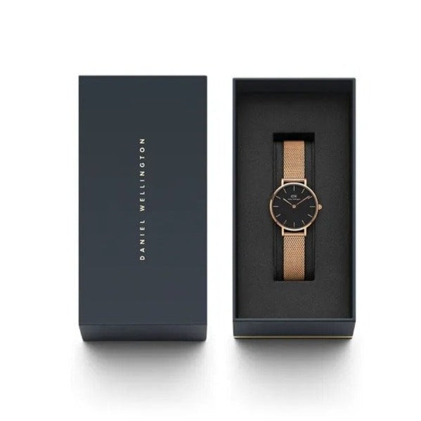 Daniel Wellington Classic Petite Melrose Black Dial Rose Gold Mesh Bracelet Watch For Women - DW00100217