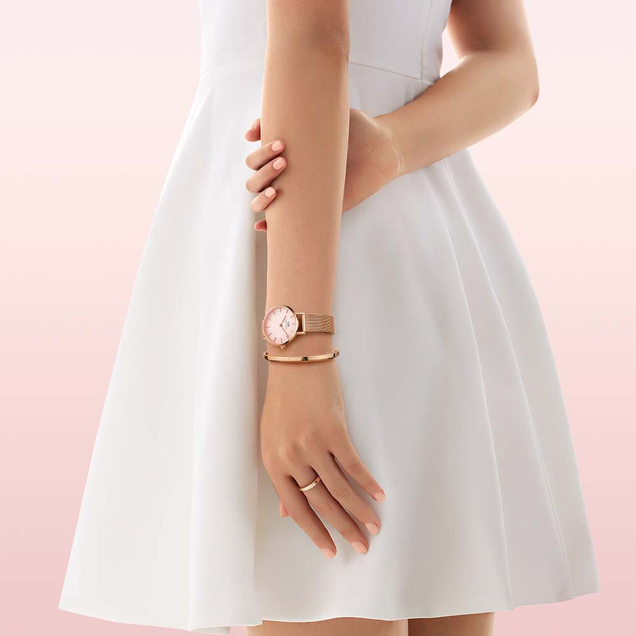 Daniel Wellington Petite Melrose Pink Dial Rose Gold Mesh Strap Watch For Women - DW00100367