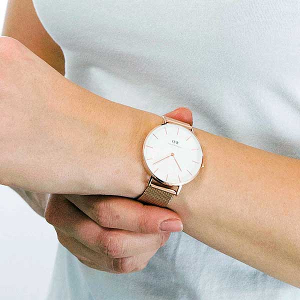 Daniel Wellington Petite Melrose White Dial Rose Gold Mesh Strap Watch For Women - DW00100305