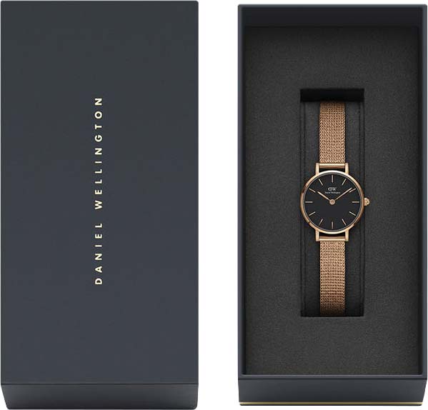 Daniel Wellington Petite Pressed Melrose Black Dial Rose Gold Mesh Strap Watch For Women - DW00100440