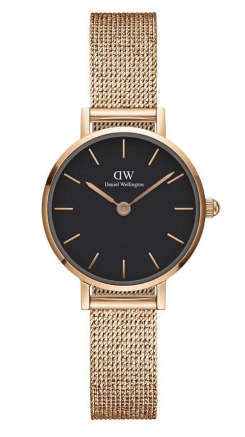 Daniel Wellington Petite Pressed Melrose Black Dial Rose Gold Mesh Strap Watch For Women - DW00100440