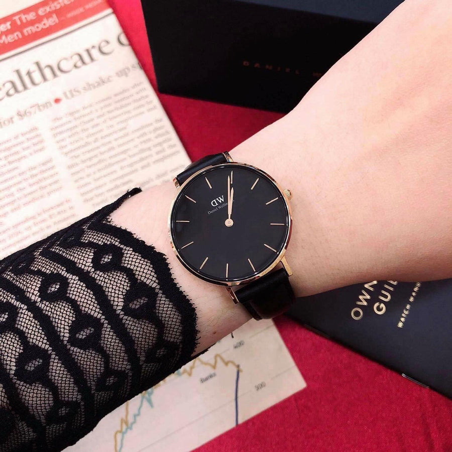Daniel Wellington Petite Sheffield Black Dial Black Leather Strap Watch For Women - DW00100168