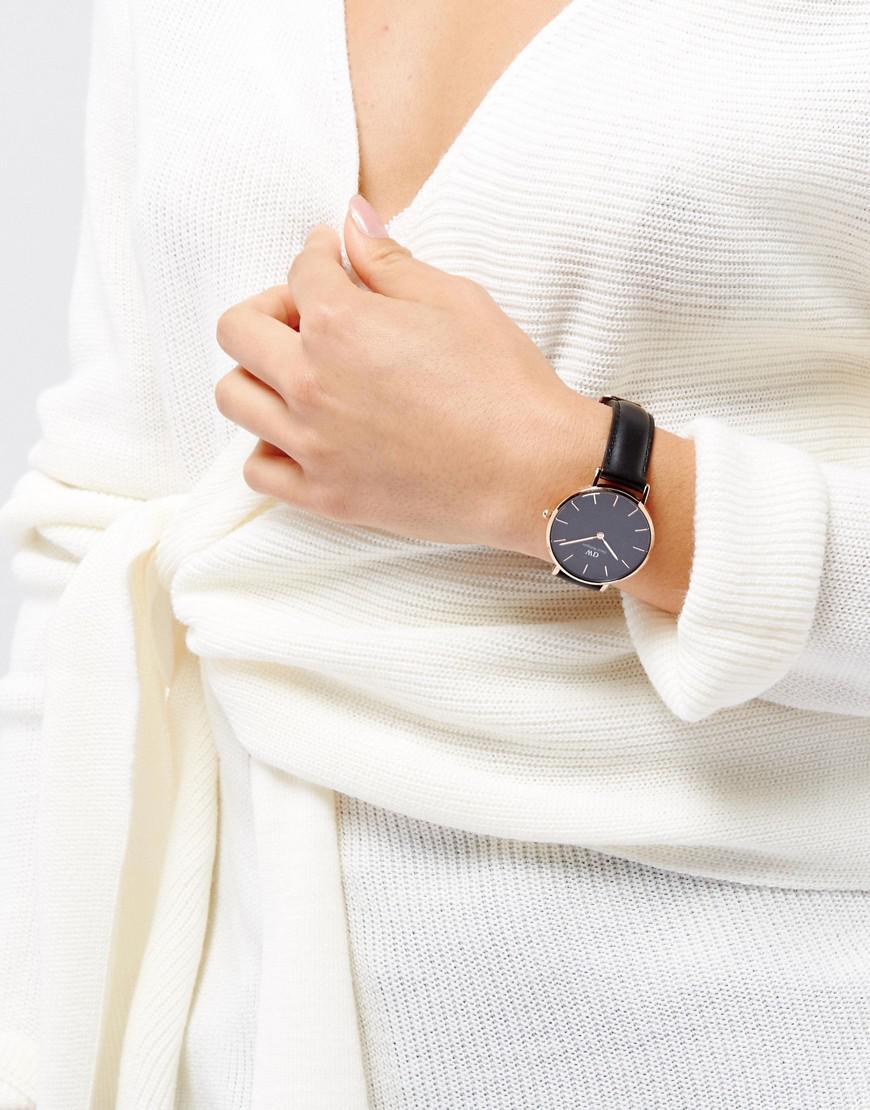 Daniel Wellington Petite Sheffield Black Dial Black Leather Strap Watch For Women - DW00100168