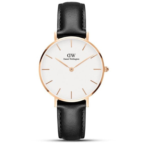 Daniel Wellington Petite Sheffield White Dial Black Leather Strap Watch For Women - DW00100174