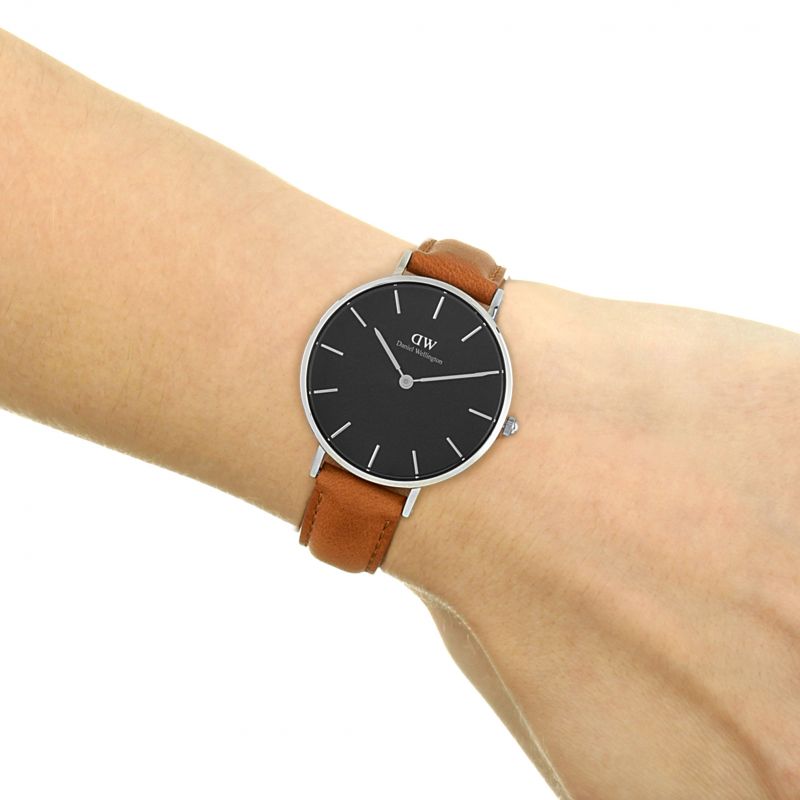 Daniel Wellington Petite Sterling Black Dial Brown Leather Strap Watch For Women - DW00100178