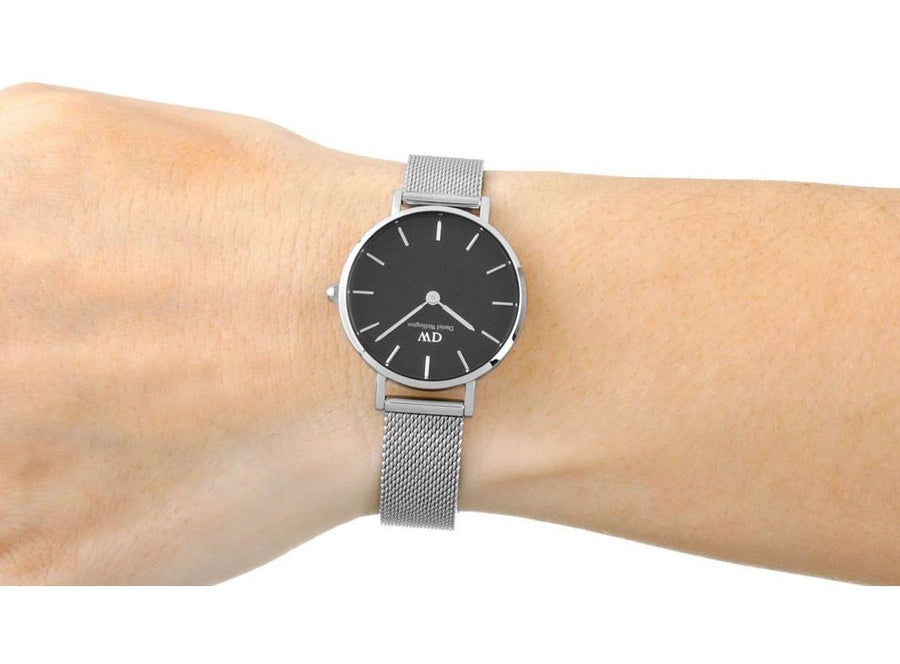 Daniel Wellington Petite Sterling Black Dial Silver Mesh Bracelet Watch For Women - DW00100218