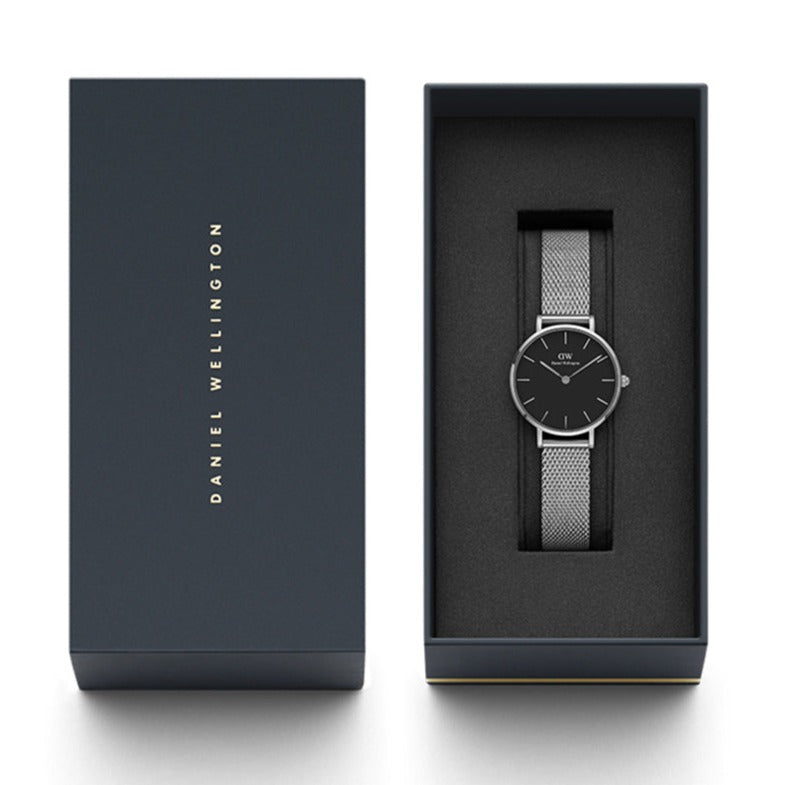 Daniel Wellington Petite Sterling Black Dial Silver Mesh Bracelet Watch For Women - DW00100218