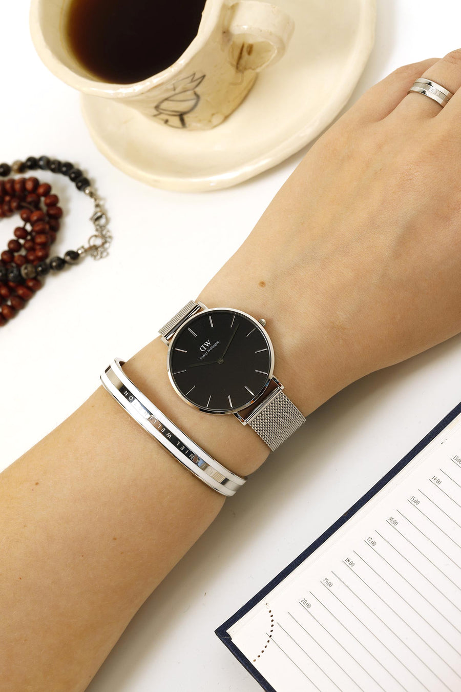 Daniel Wellington Petite Sterling Black Dial Silver Mesh Bracelet Watch For Women - DW00100304