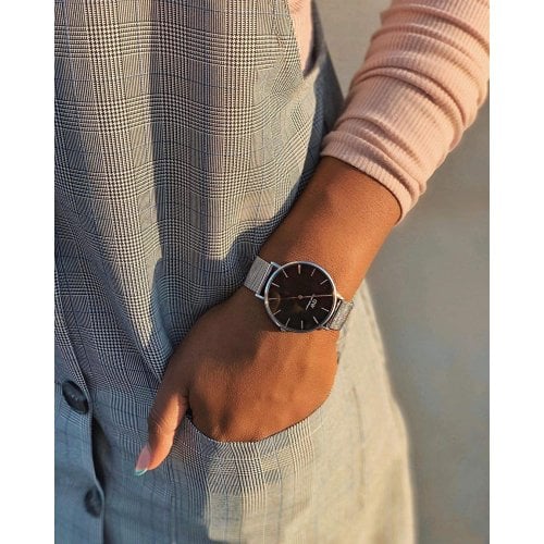 Daniel Wellington Petite Sterling Black Dial Silver Mesh Bracelet Watch For Women - DW00100304