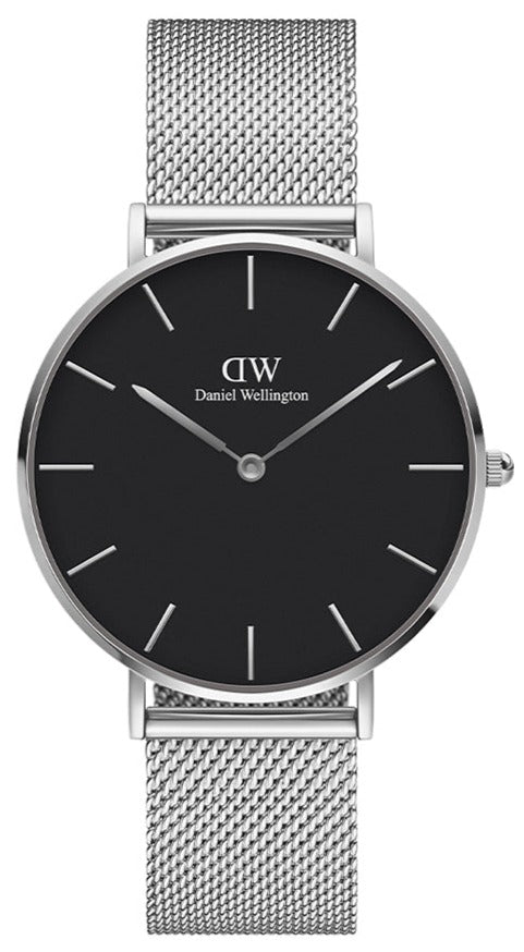 Daniel Wellington Petite Sterling Black Dial Silver Mesh Bracelet Watch For Women - DW00100304