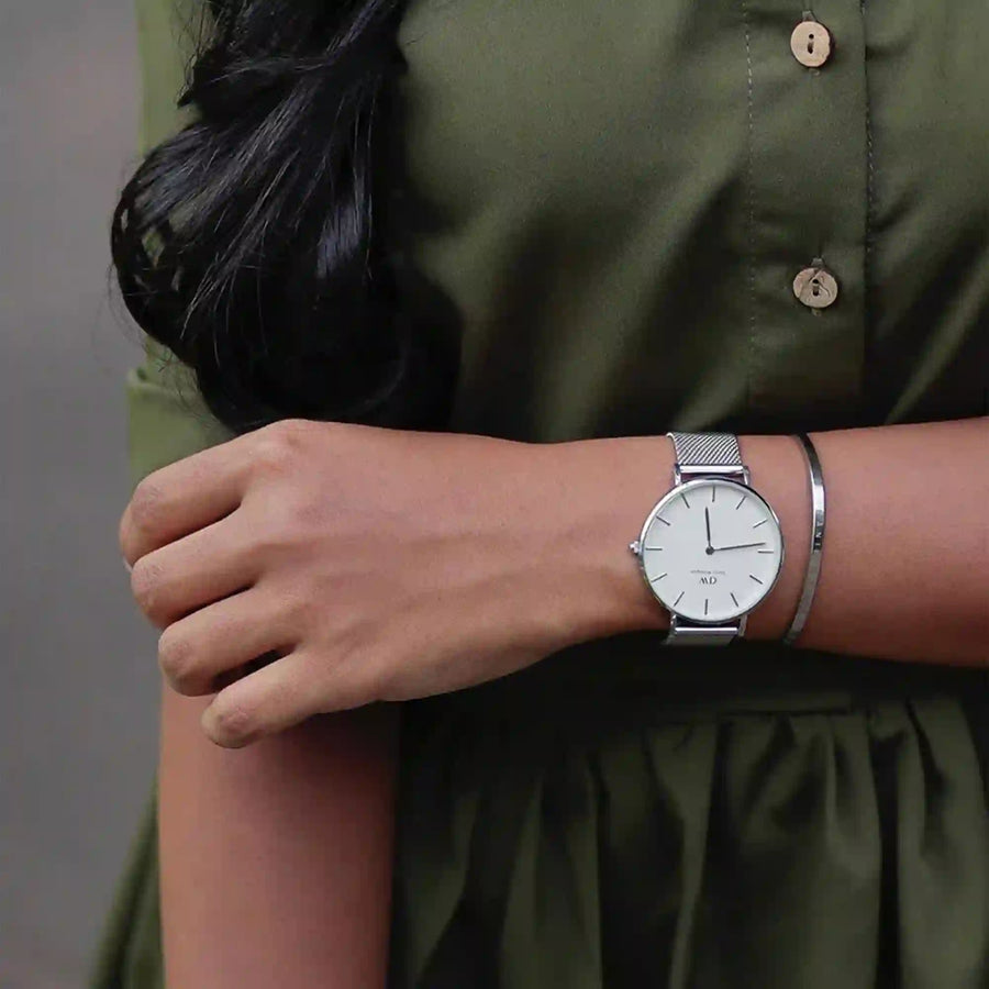 Daniel Wellington Petite Sterling White Dial Silver Mesh Bracelet Watch For Women - DW00100164