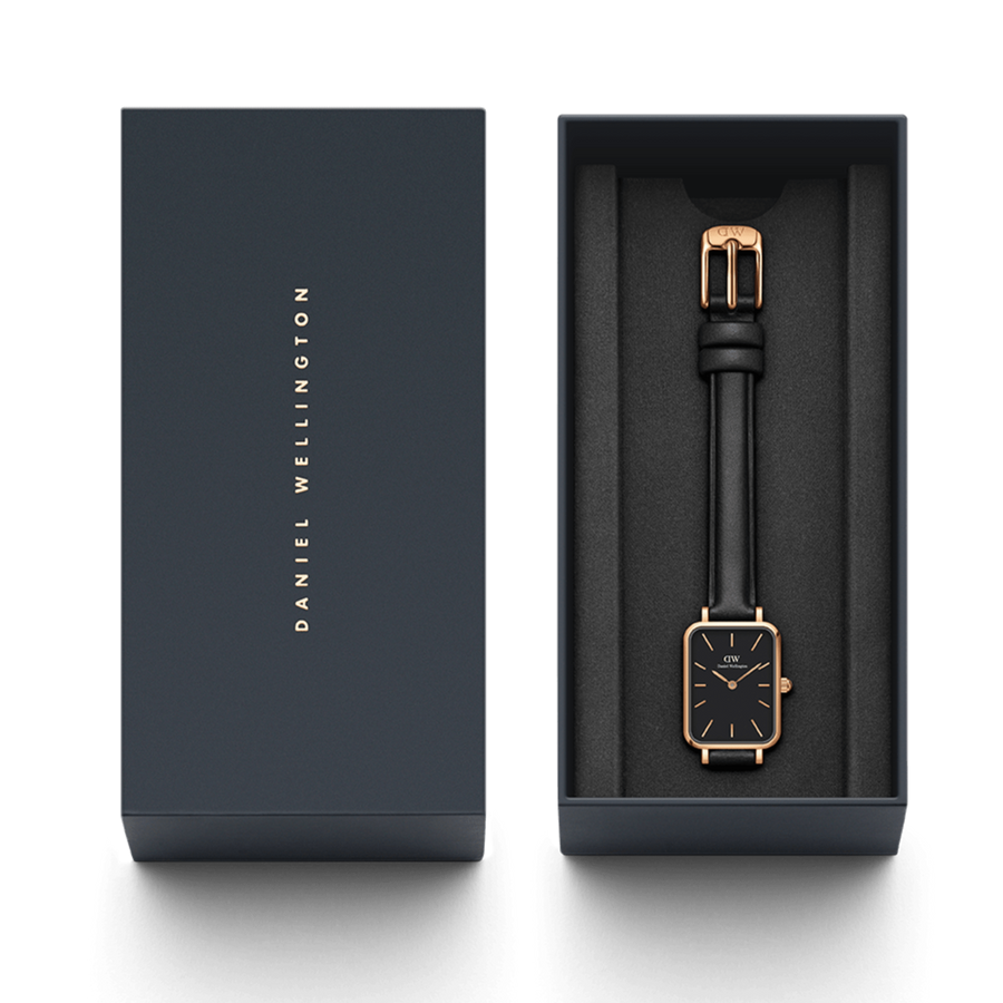 Daniel Wellington Quadro Black Dial Black Leather Strap Watch For Women  - DW00100449