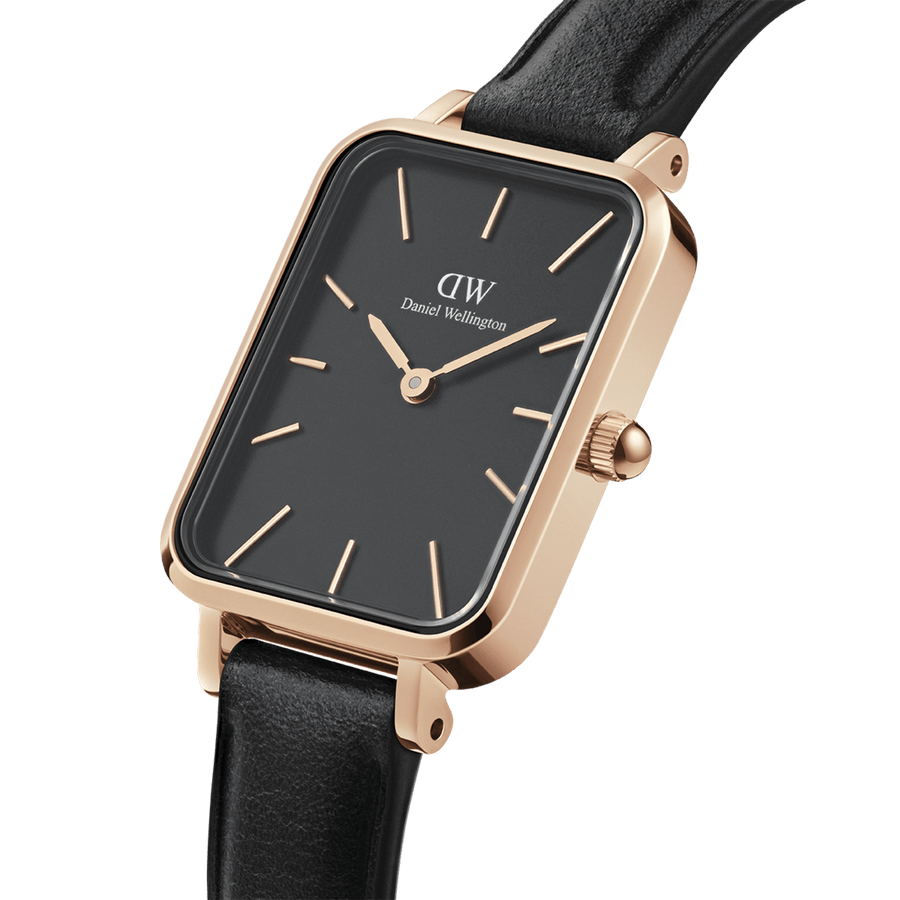 Daniel Wellington Quadro Black Dial Black Leather Strap Watch For Women  - DW00100449
