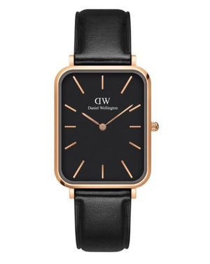 Daniel Wellington Quadro Black Dial Black Leather Strap Watch For Women  - DW00100449