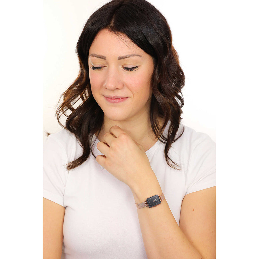 Daniel Wellington Quadro Melrose Black Dial Rose Gold Mesh Bracelet Watch For Women - DW00100432