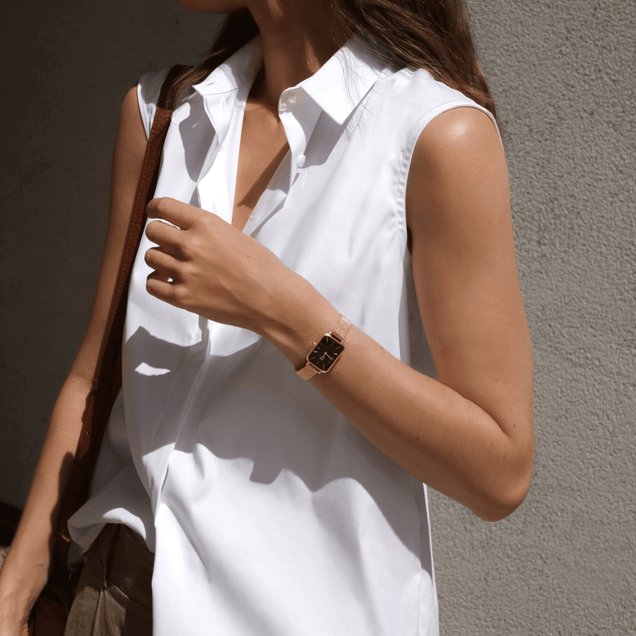 Daniel Wellington Quadro Melrose Black Dial Rose Gold Mesh Bracelet Watch For Women - DW00100432