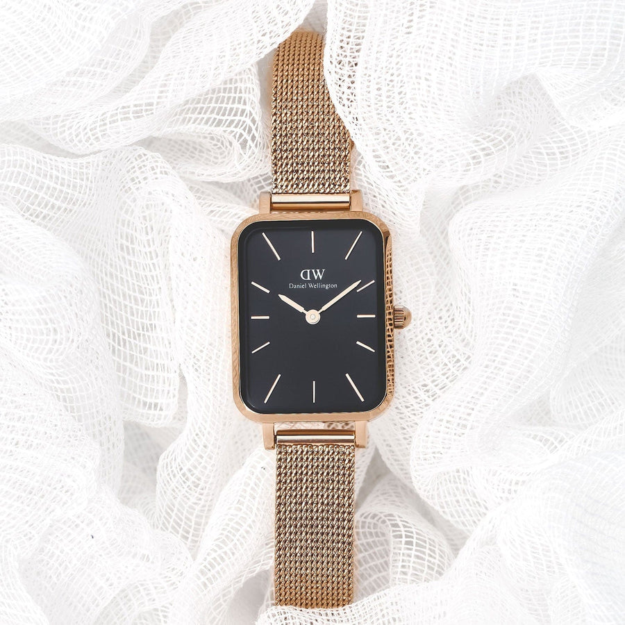 Daniel Wellington Quadro Melrose Black Dial Rose Gold Mesh Bracelet Watch For Women - DW00100432