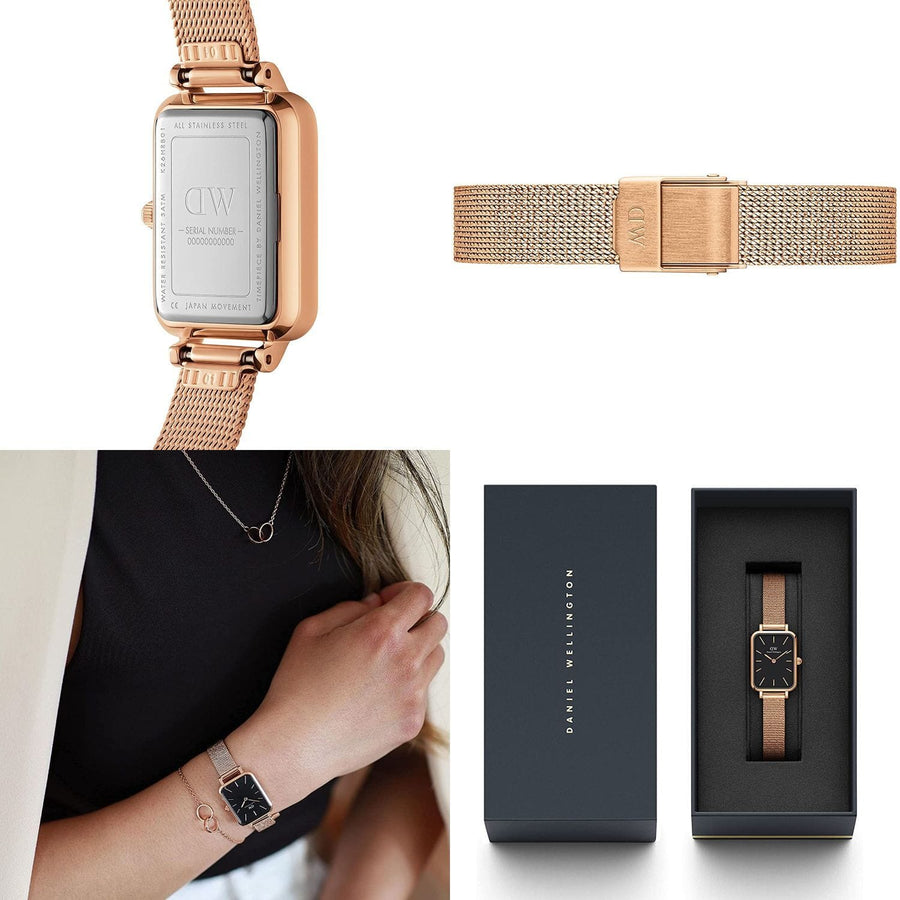 Daniel Wellington Quadro Melrose Black Dial Rose Gold Mesh Bracelet Watch For Women - DW00100432
