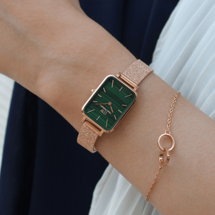 Daniel Wellington Quadro Melrose Green Dial Rose Gold Mesh Strap Watch For Women - DW00100437