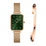 Daniel Wellington Quadro Melrose Green Dial Rose Gold Mesh Strap Watch For Women - DW00100437