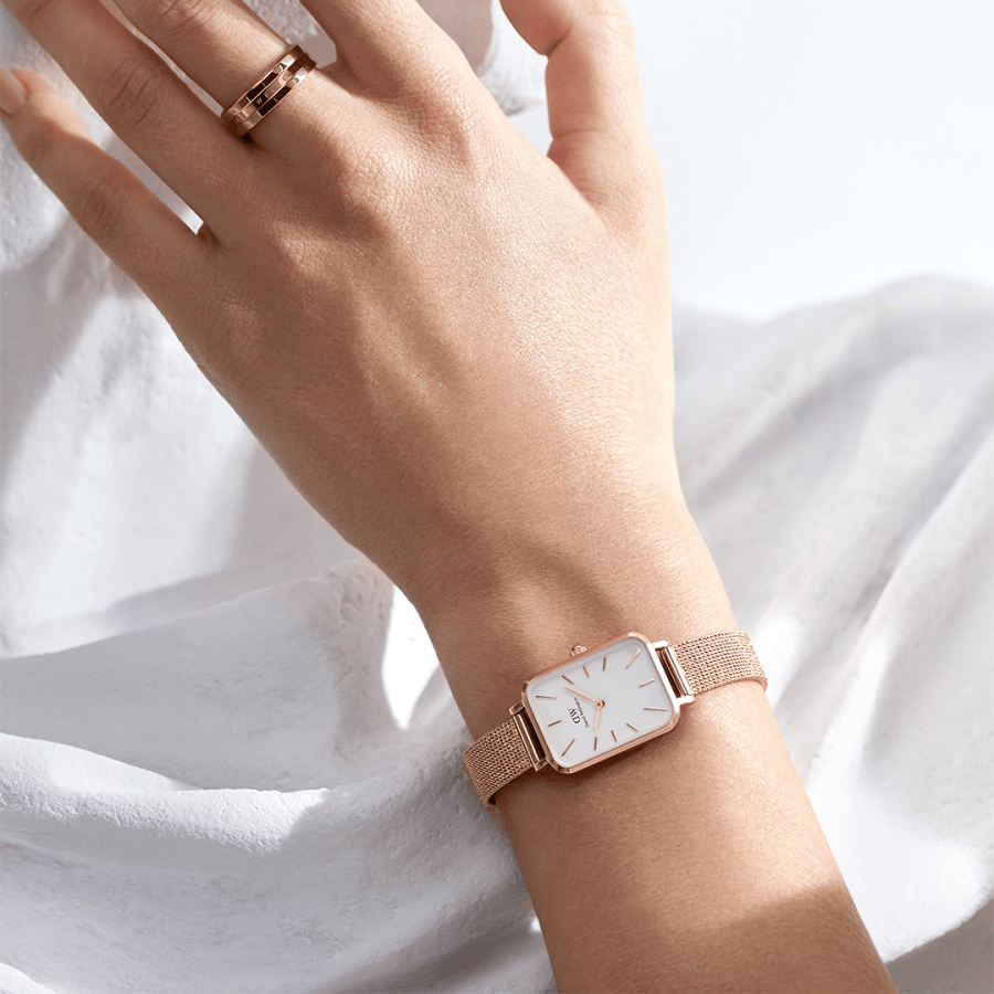 Daniel Wellington Quadro Melrose White Dial Gold Mesh Strap Watch For Women - DW00100431