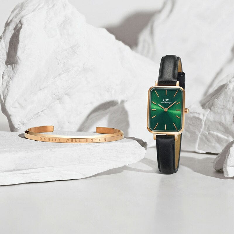 Daniel Wellington Quadro Pressed Melrose Emerald Green Dial Black Leather Strap Watch For Women - DW00100446