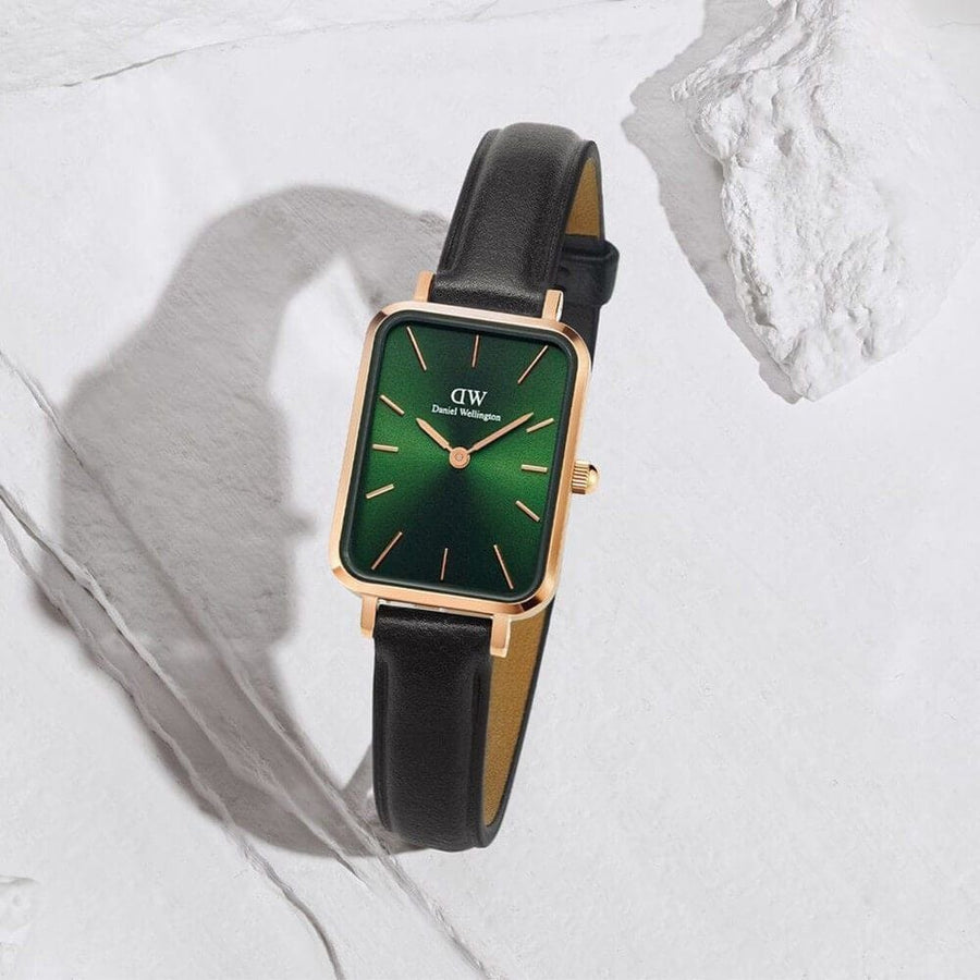 Daniel Wellington Quadro Pressed Melrose Emerald Green Dial Black Leather Strap Watch For Women - DW00100446