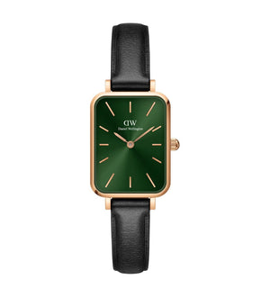 Daniel Wellington Quadro Pressed Melrose Emerald Green Dial Black Leather Strap Watch For Women - DW00100446