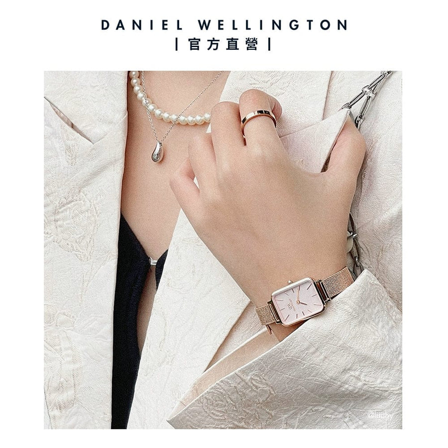Daniel Wellington Quadro Pressed Melrose Pink Dial Pink Mesh Bracelet Watch For Women - DW00100510