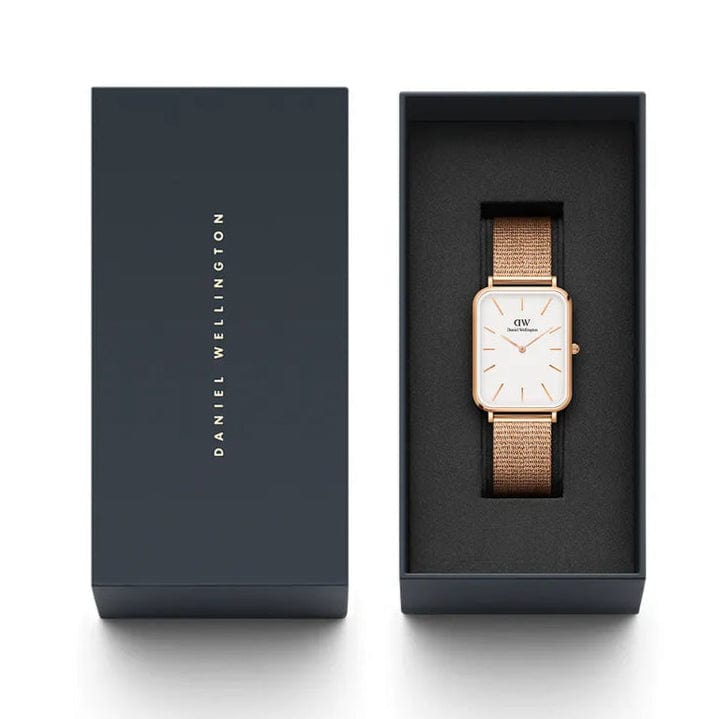 Daniel Wellington Quadro Pressed Melrose White Dial Rose Gold Mesh Strap Watch For Women - DW00100465