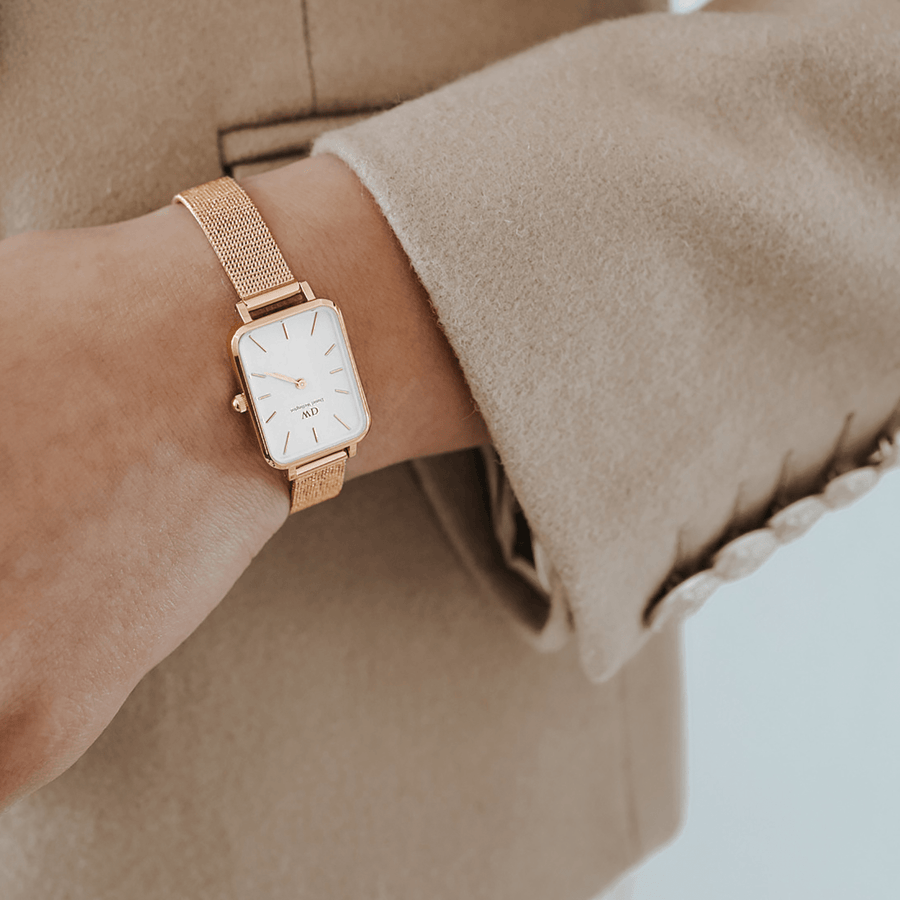 Daniel Wellington Quadro Pressed Melrose White Dial Rose Gold Mesh Strap Watch For Women - DW00100465