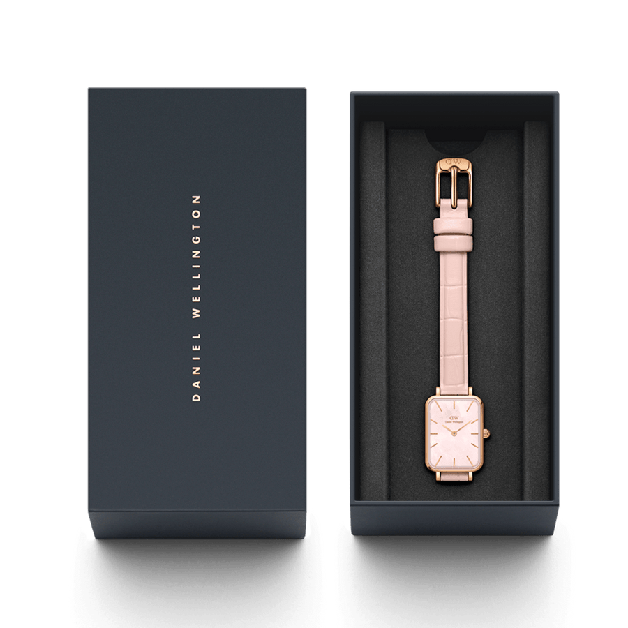 Daniel Wellington Quadro Pressed Mother of Pearl Pink Dial Pink Leather Strap Watch For Women - DW00100508