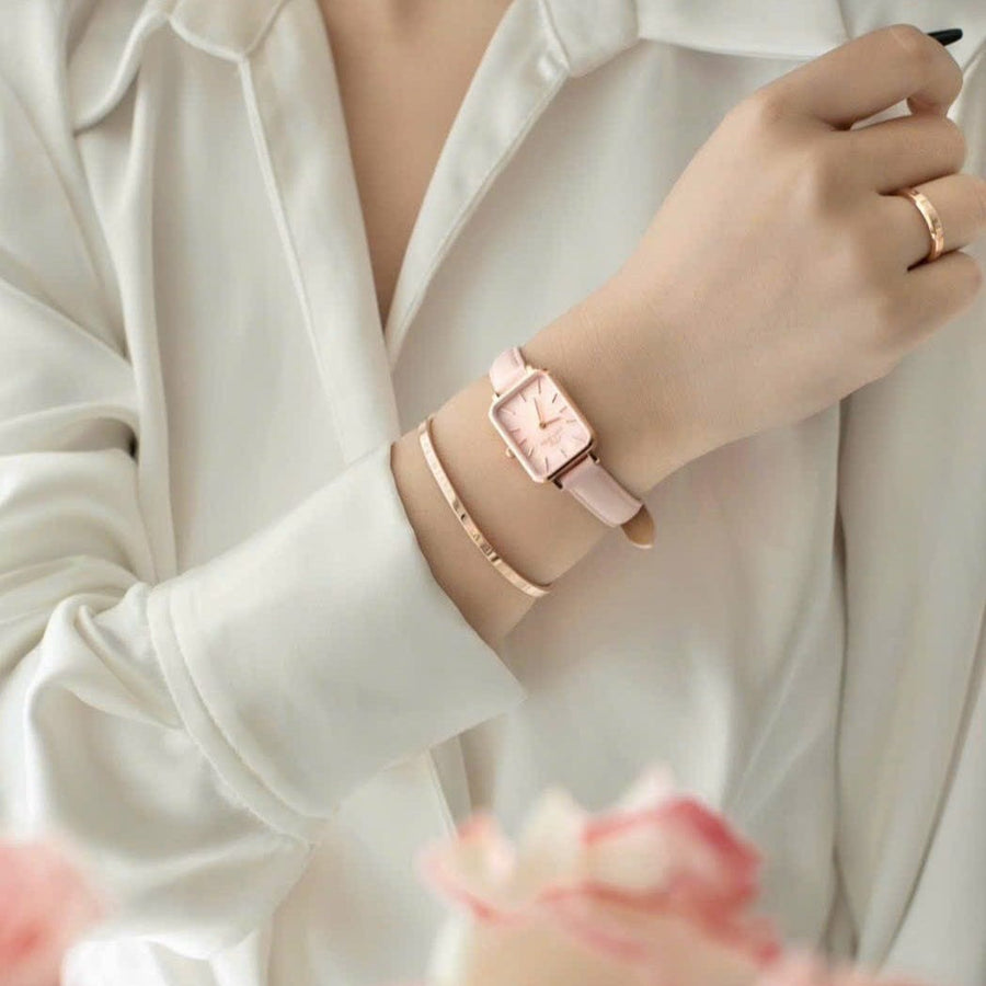 Daniel Wellington Quadro Pressed Mother of Pearl Pink Dial Pink Leather Strap Watch For Women - DW00100508