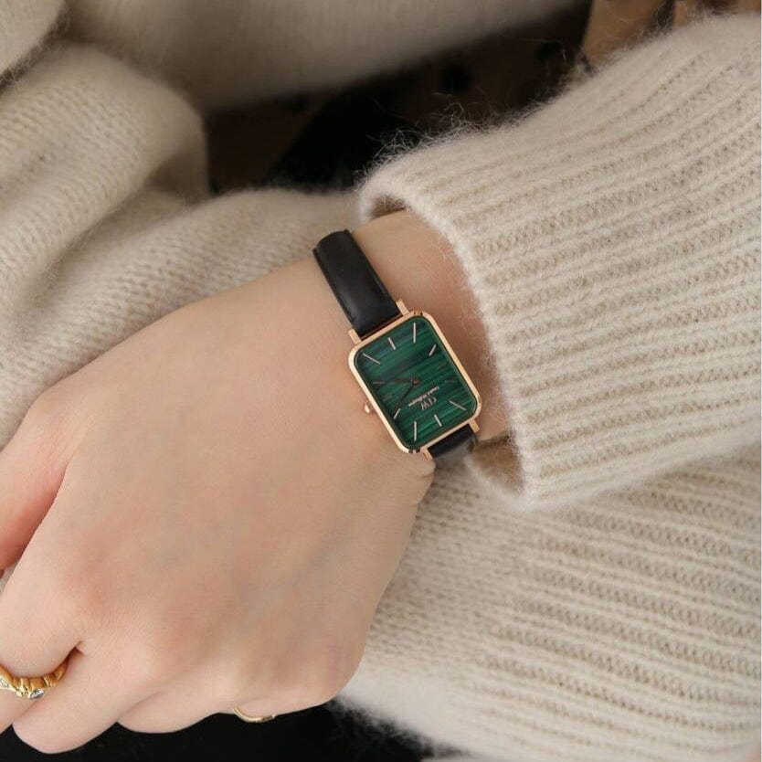 Daniel Wellington Quadro Pressed Sheffield Green Dial Black Leather Strap Watch For Women - DW00100439