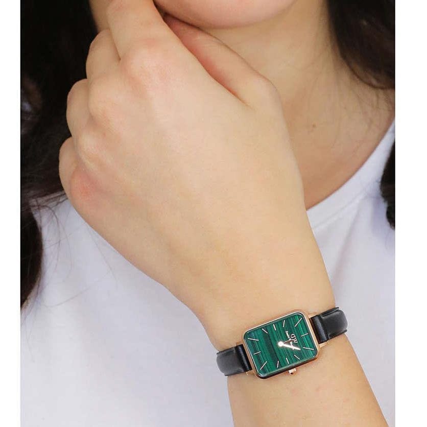 Daniel Wellington Quadro Pressed Sheffield Green Dial Black Leather Strap Watch For Women - DW00100439