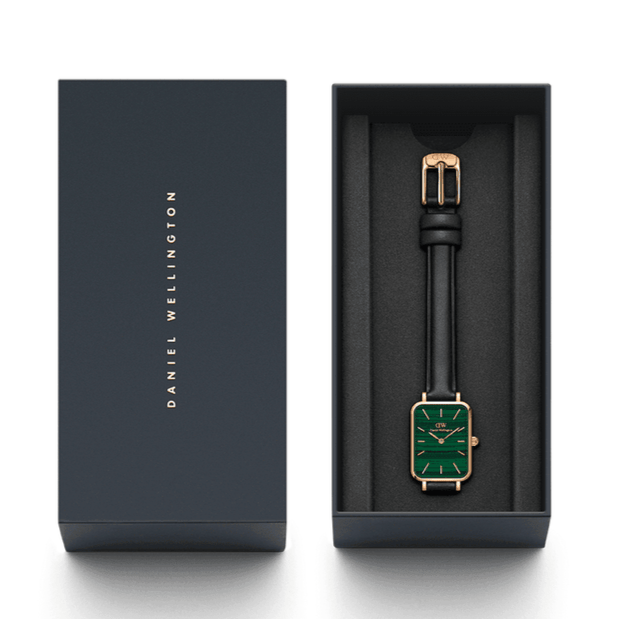 Daniel Wellington Quadro Pressed Sheffield Green Dial Black Leather Strap Watch For Women - DW00100439