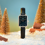 Daniel Wellington Quadro Sheffield Black Dial Black Leather Strap Watch For Women - DW00100435