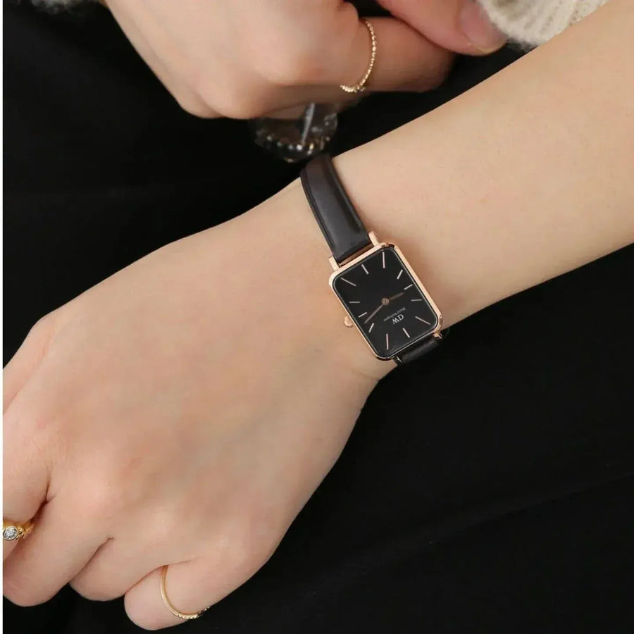 Daniel Wellington Quadro Sheffield Black Dial Black Leather Strap Watch For Women - DW00100435