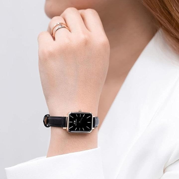 Daniel Wellington Quadro Sheffield Black Dial Black Leather Strap Watch For Women - DW00100435