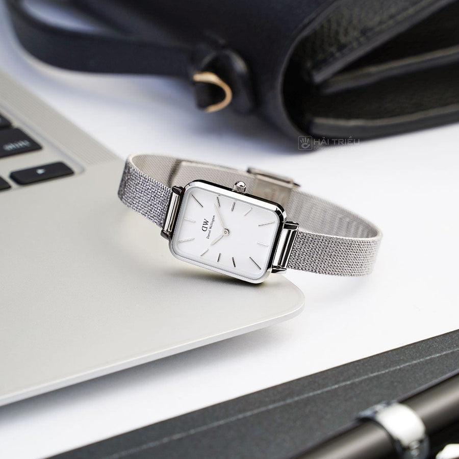 Daniel Wellington Quadro Sterling White Dial Silver Mesh Strap Watch For Women - DW00100438