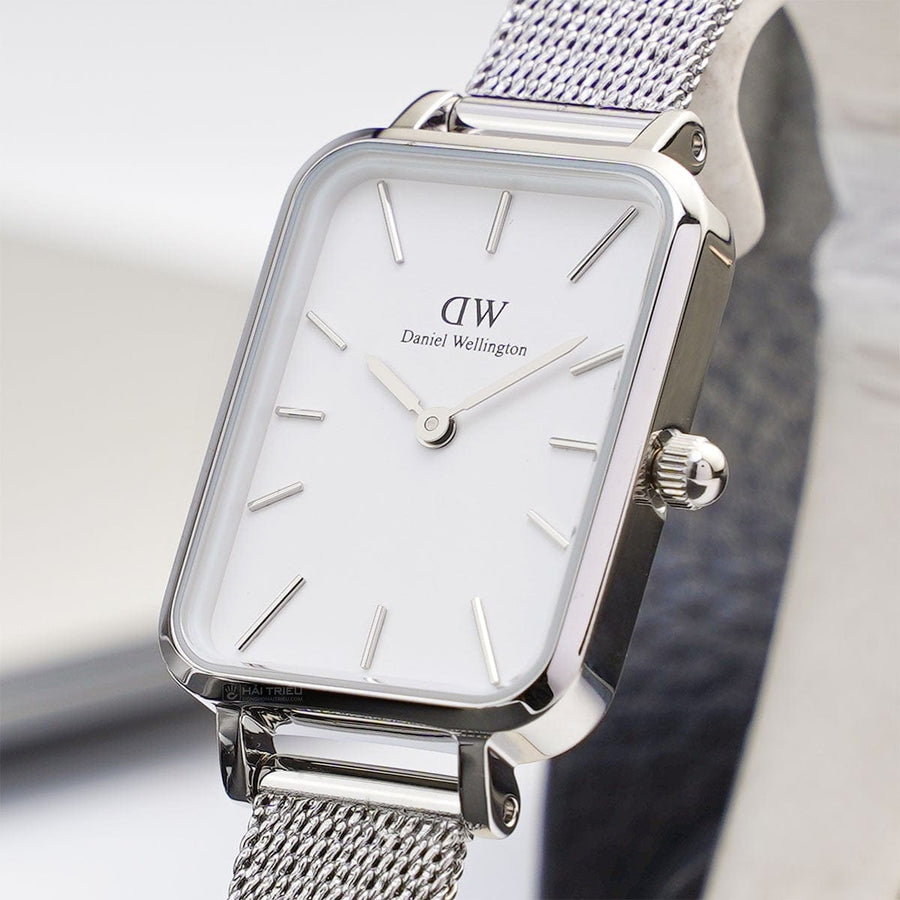 Daniel Wellington Quadro Sterling White Dial Silver Mesh Strap Watch For Women - DW00100438