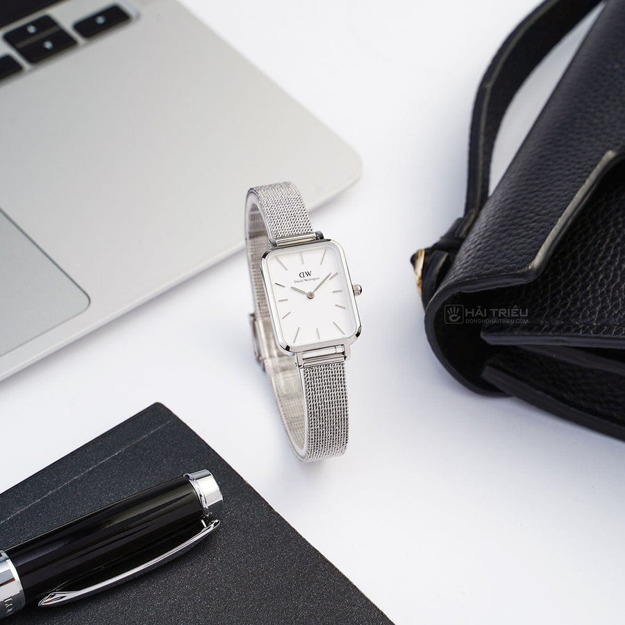 Daniel Wellington Quadro Sterling White Dial Silver Mesh Strap Watch For Women - DW00100438