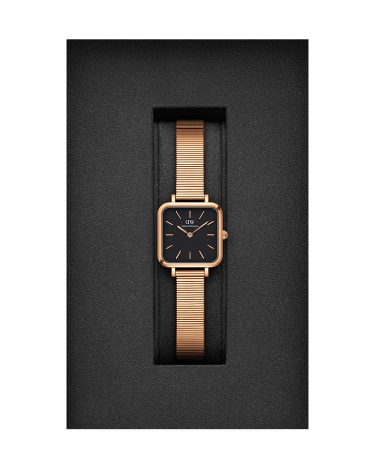 Daniel Wellington Quadro Studio Black Dial Rose Gold Mesh Strap Watch For Women - DW00100518