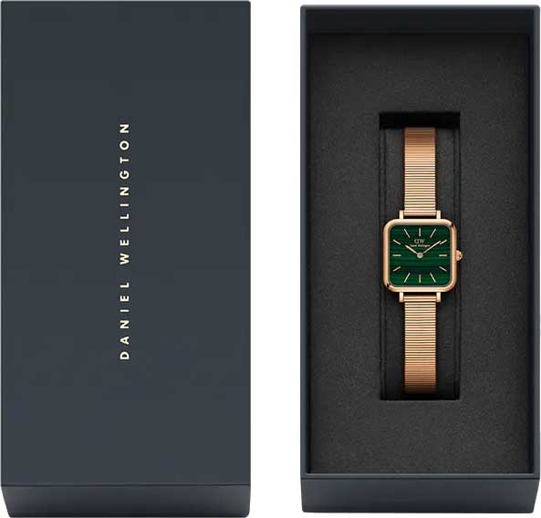 Daniel Wellington Quadro Studio Green Dial Rose Gold Mesh Strap Watch For Women - DW00100520