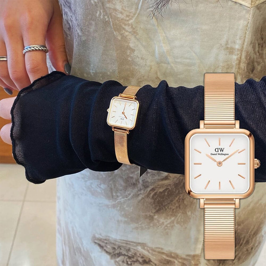 Daniel Wellington Quadro Studio White Dial Rose Gold Mesh Strap Watch For Women - DW00100517