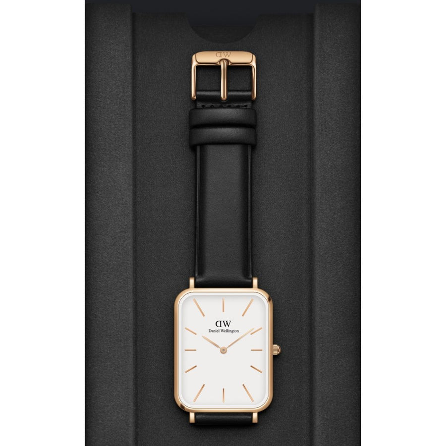 Daniel Wellington Quadro White Dial Black Leather Strap Watch For Women - DW00100450