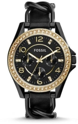 Fossil Riley Black Dial Black Leather Strap Watch for Women - ES3696