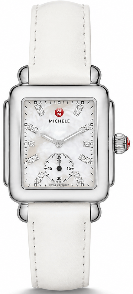Michele Deco Mother of Pearl Dial White Leather Strap Watch For Women - MWW06V000012