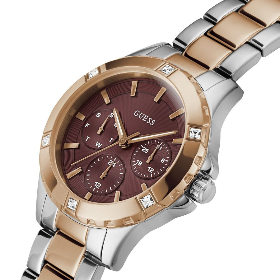 Guess Mist Analog Maroon Dial Two Tone Steel Strap Watch For Women - GW0723L2
