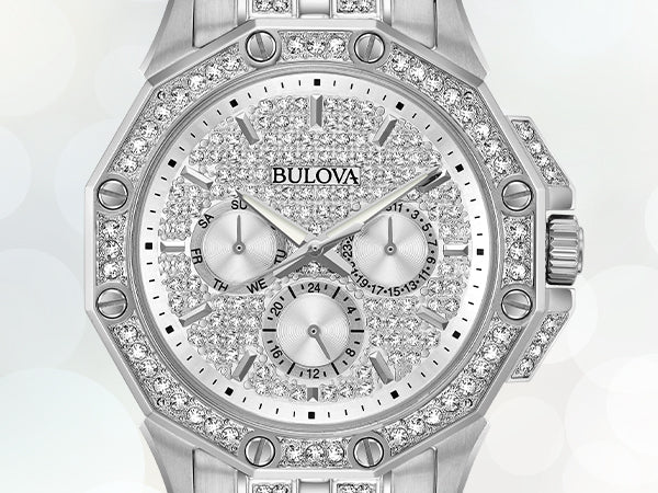 Bulova Crystal Collection Pave Silver Dial with Crystals Silver Steel Strap Watch for Men - 96C134